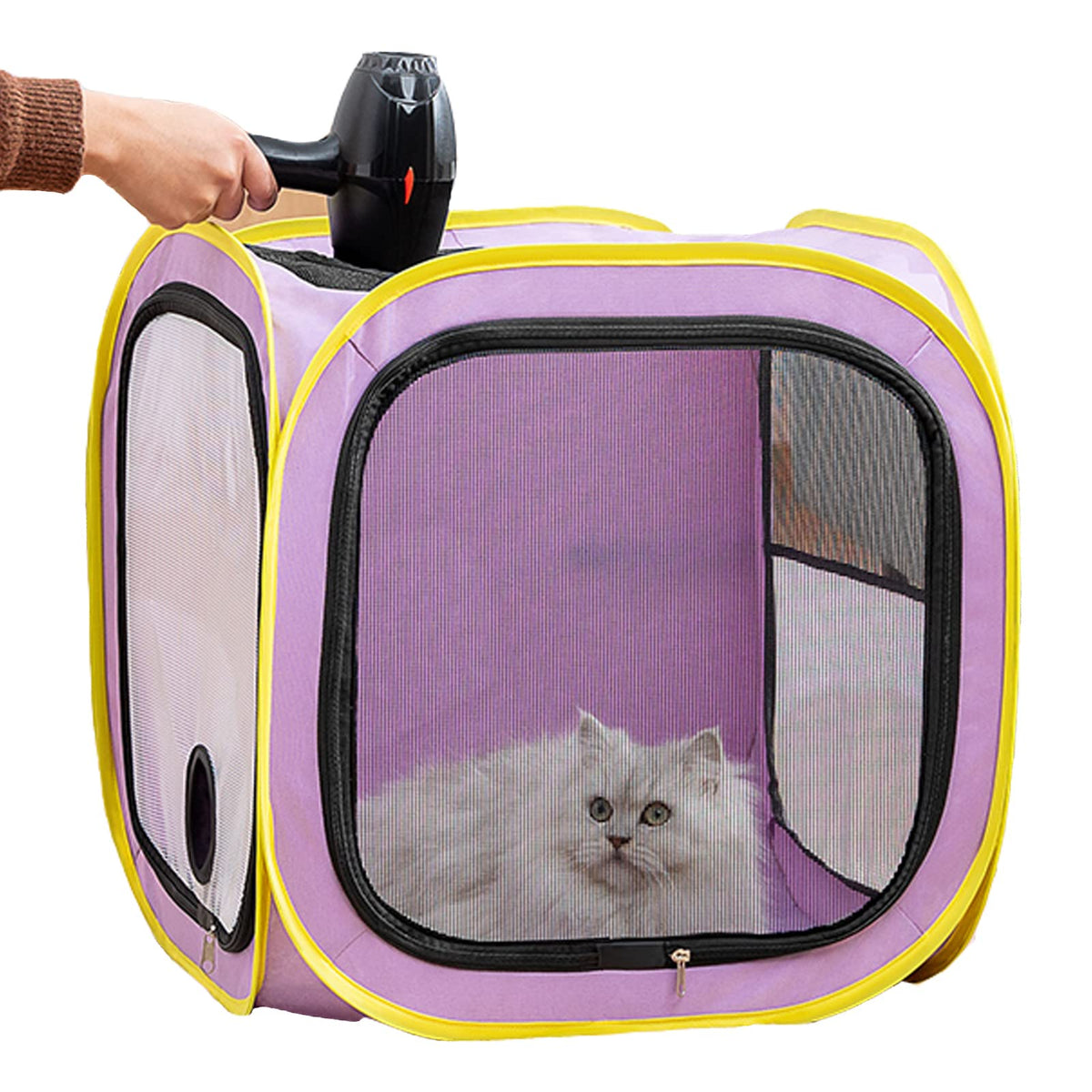Qpets® Pet Drying Box for Cats & Small Dogs, Foldable Hair Dryer Tent with Mesh Ventilation, Dual Vent Quick Pet Grooming Dryer Enclosure, Waterproof Oxford Cloth Travel Drying Cage, 50x50x50cm