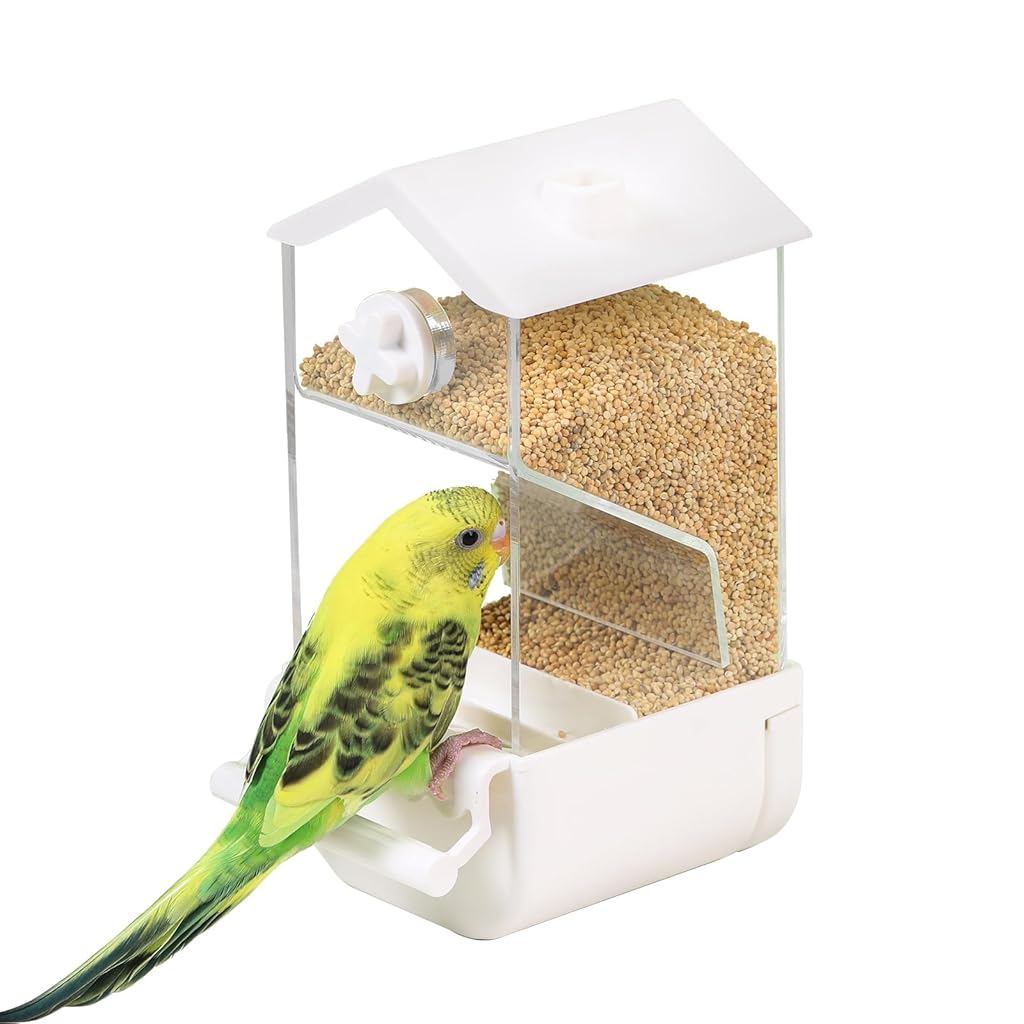 Qpets® Parrot Feeder, Bird Feeder for Cage, Transparent Bird Food Box No Jam Automatic Food Feeder with Perch & Bottom Removable Catching Tray - 7.9x8.3x18.5CM