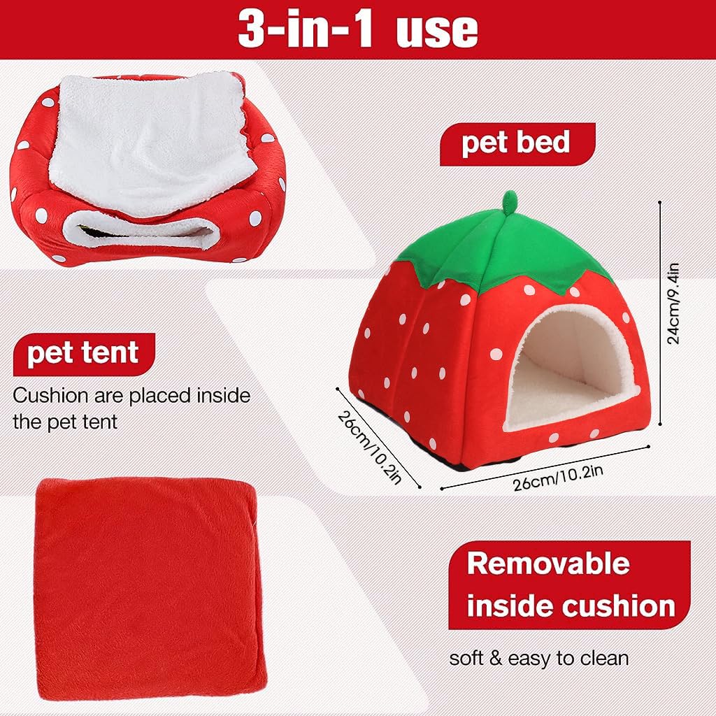 Qpets Pet Bed for Small Animals featuring Strawberry Roof Design and 26×26×24 cm Plush House | Cozy Hideout for Hamster Ferret Bunny and Guinea Pig