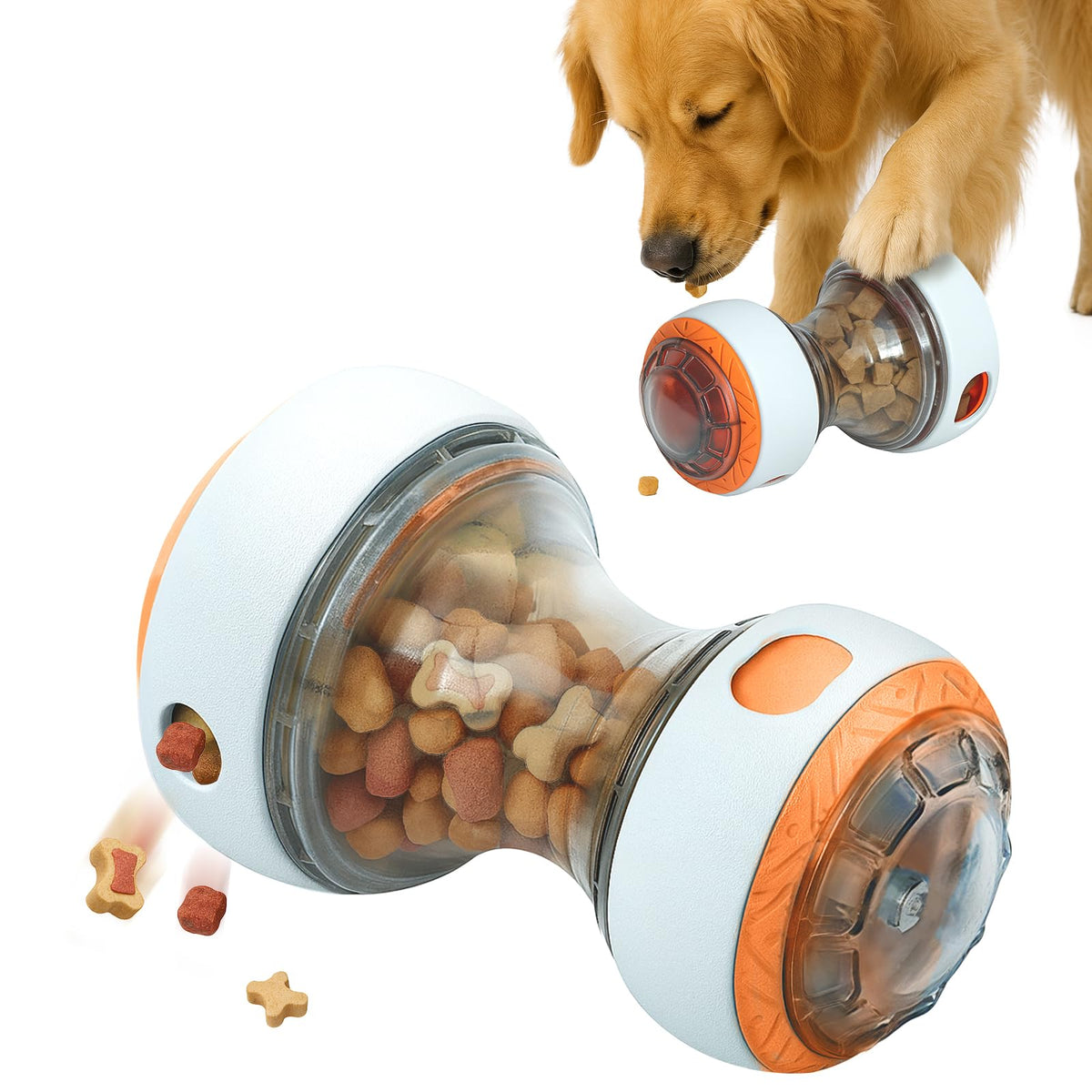 Qpets® Dog Interactive Treat Dispenser Toy, Dumbbell Shape Dog Slow Feeder Non-Slip Feeder Designed Light and Sound, Treat Dispensing Toys Dogs Interactive Chew Toy for Small, Medium & Large Dogs