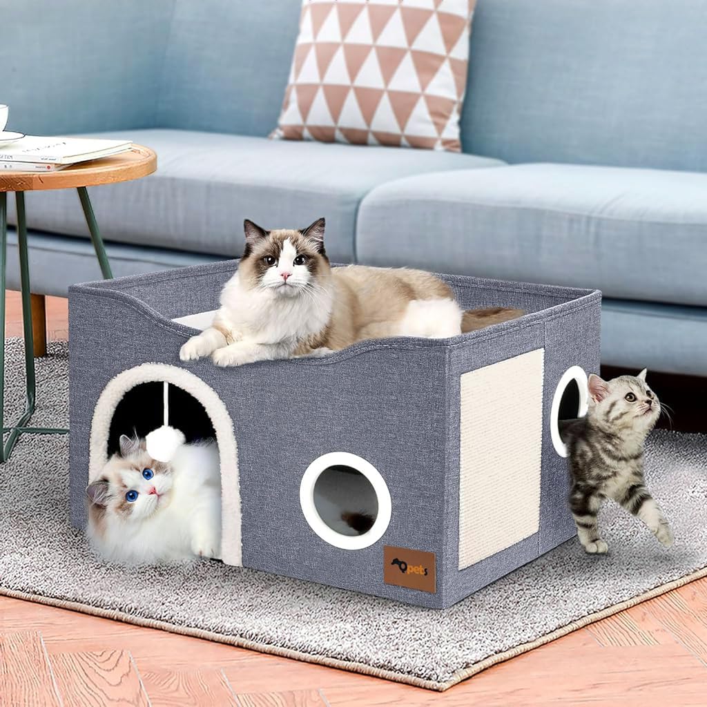 Qpets Cat Bed for Playful Cats with Double Layer 60.5×40.5×33.5 cm Cave and Hemp Scratcher Board