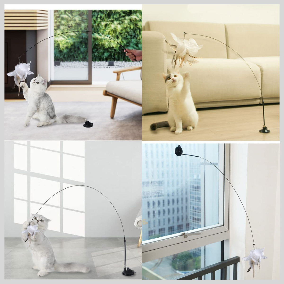 Qpets Interactive Cat Wand Toy for Indoor Play with 100cm Pole and Detachable Suction Cup | Eco-Friendly Feather Teaser