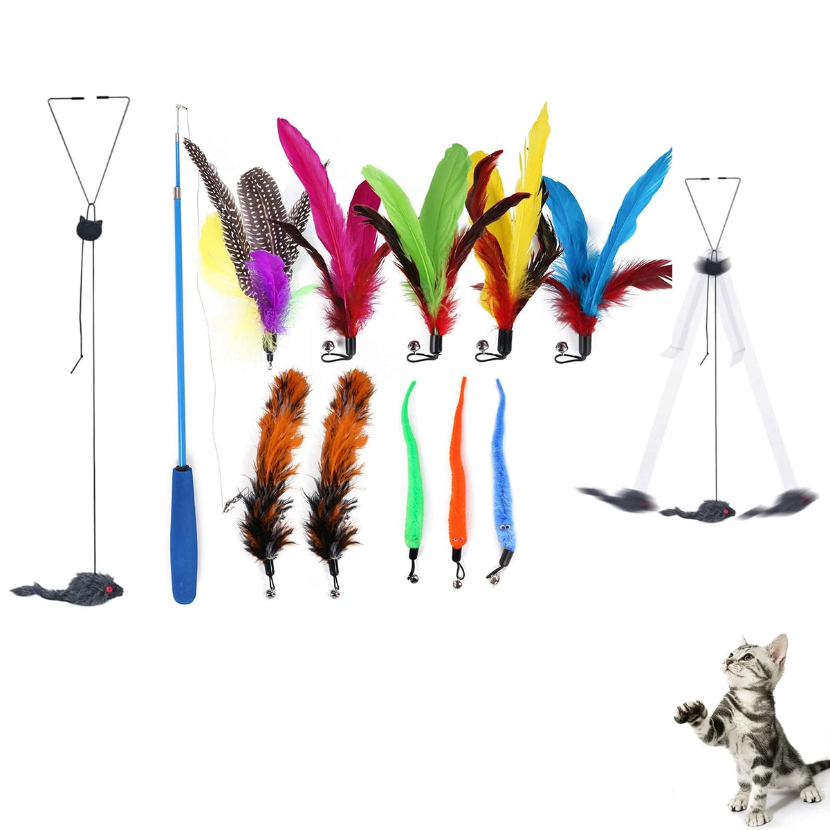 Qpets Cat Interactive Toys Set for Indoor Play with 10 Feather Attachments | Retractable Teaser Wand and Bells for Kittens