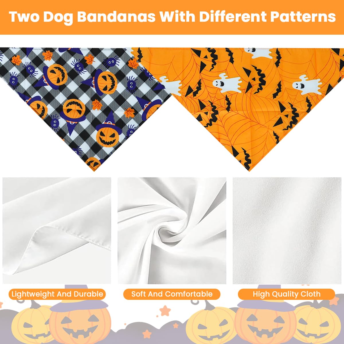 Qpets Halloween Dog Bandanas for Festive Parties with Pumpkin and Ghost Prints | 2Pack Adjustable Polyester Scarves for Small Medium Dogs