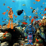 Qpets Fish Tank Floating Ornaments for Aquarium with 4.8 in Diver Figurines and Floating Ball | Blue and Orange Set