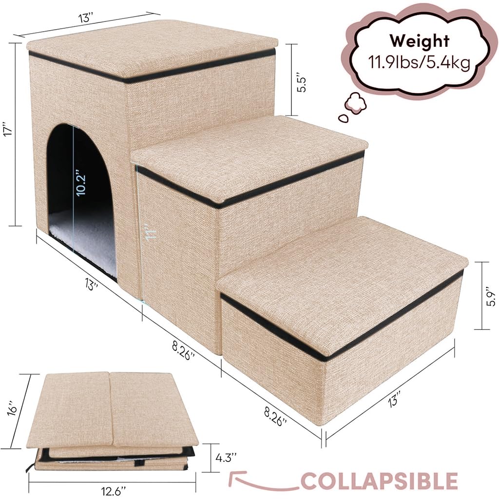 Qpets Pet Stairs for Small Dogs and Cats with Hidden Storage and Cozy Nap Spot | Easy Assembly
