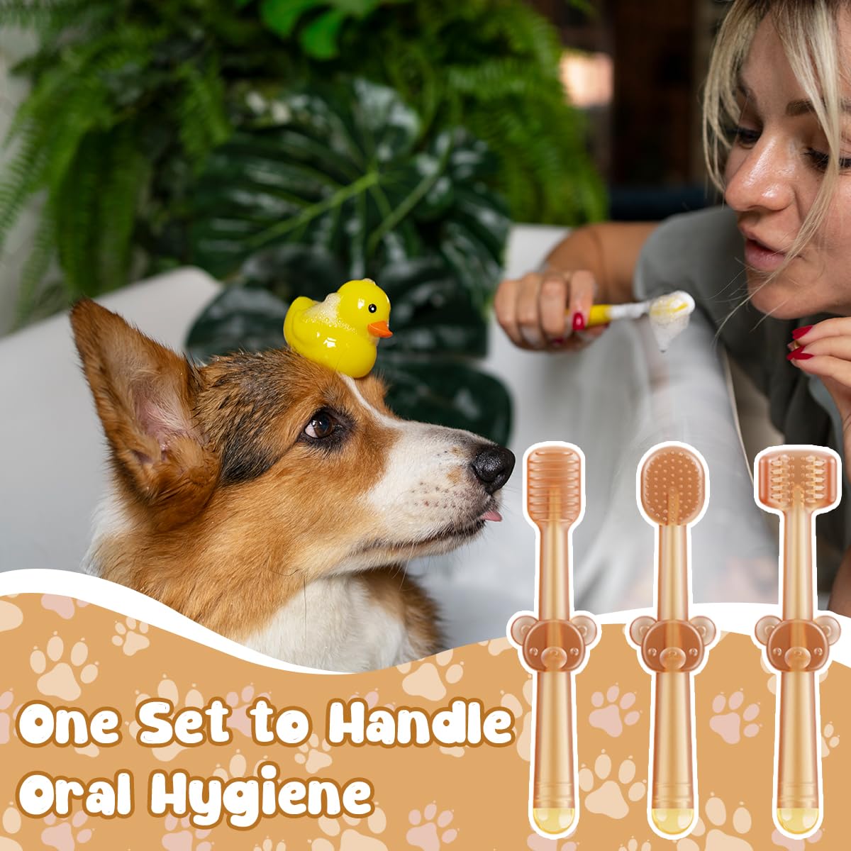 Qpets Dog Toothbrush Set with 2 Soft Silicone Brushes and Tongue Scraper for Cats & Dogs