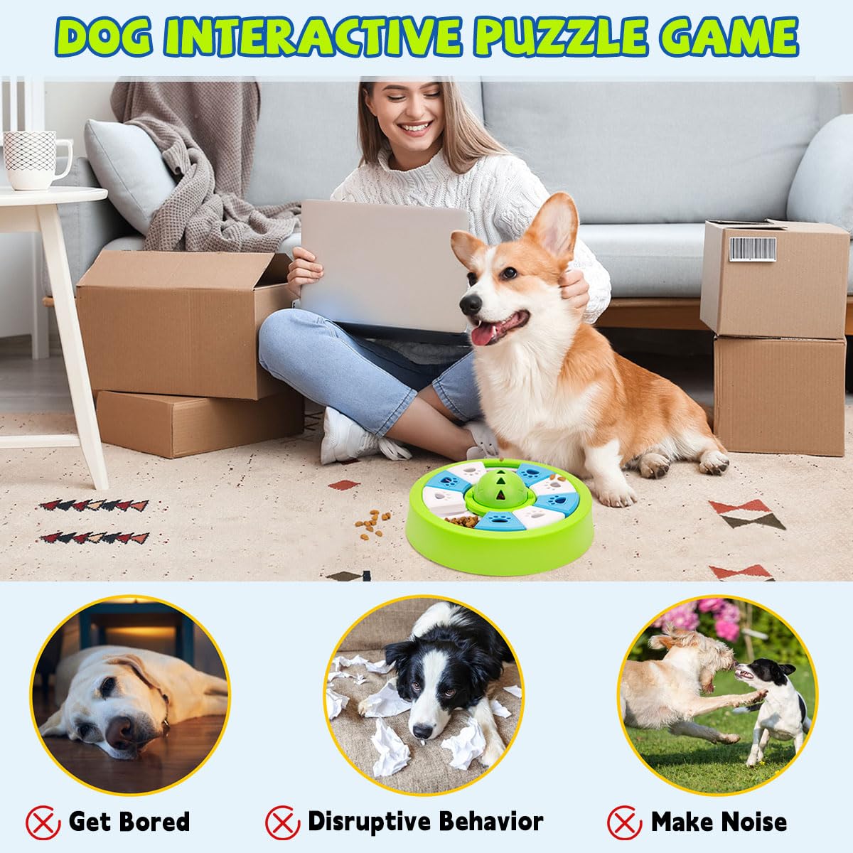 Qpets Slow Feeder Dog Bowl with 10 Grids and 360° Rotatable Lid | Rattling Ball Toy for All Breeds