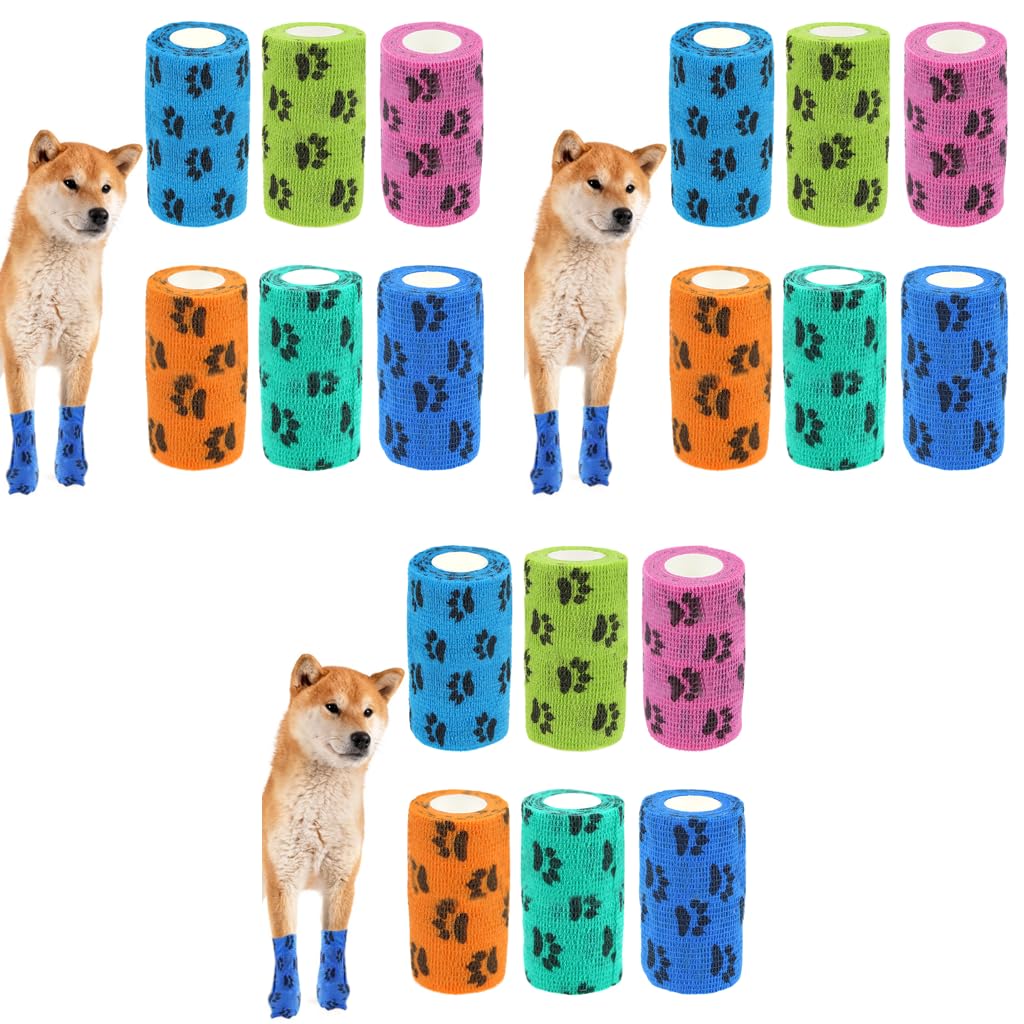 Qpets Dog Bandages for Pet Injury Recovery with Self-Adhesive Wrap 18PCS 4.5M | Non-Woven Breathable Paw Print Design