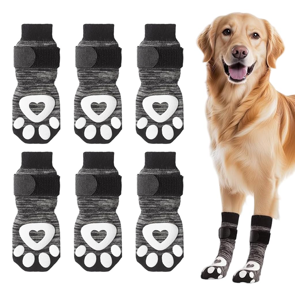 Qpets® Non-Slip Dog Socks, 6Pcs Adjustable Strap Dog Paw Socks with Hook and Loop Closure, Breathable Cotton Pet Feet Protectors for Indoor Outdoor Flooring & Post-Surgery Care (L, Paw Size 3-3.5in)