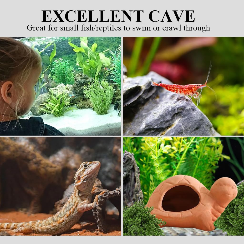 Qpets Turtle Hideout Cave for Aquarium with 13×10×6.7 cm Spacious Interior | Handmade Natural Terracotta Shelter for Fish and Shrimp