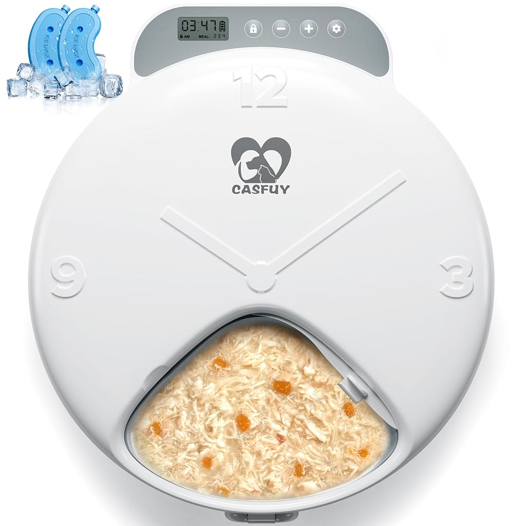 Qpets® Automatic Cat Feeder 960ml Dry & Wet Food Dispenser Feeder with Ice Box Insert, 4-Meal Design ProgrammableTimed Auto Cat Feeder Dog Treats Feeder, Battery-powered, Food-Grade Material