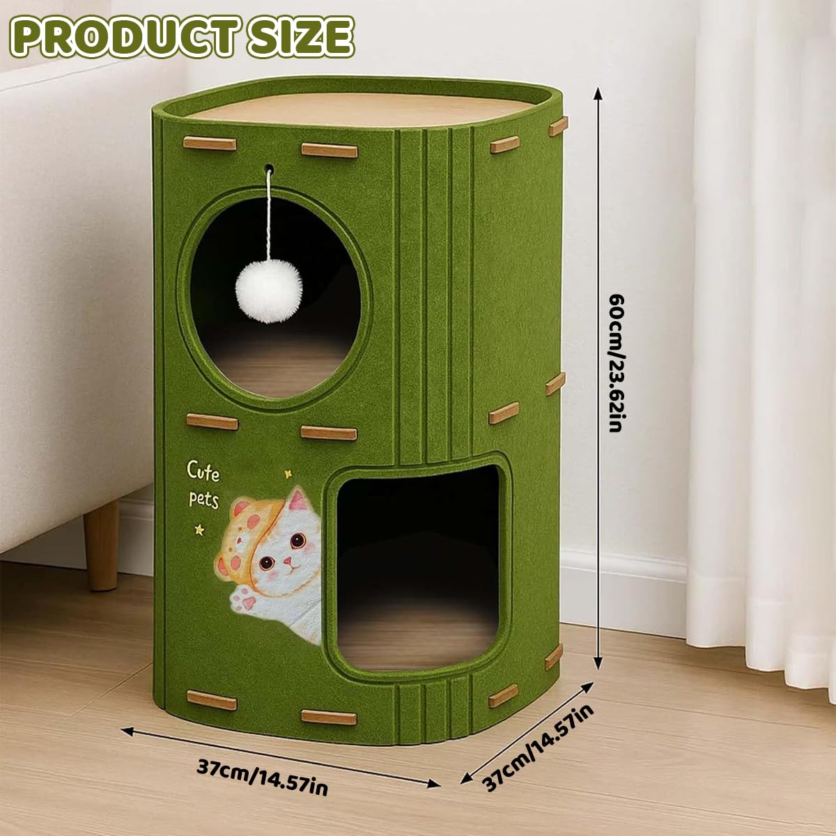 Qpets Cat Hideout for Indoor Cats with Dual Entrances and Hanging Toy | 2-Story Felt House
