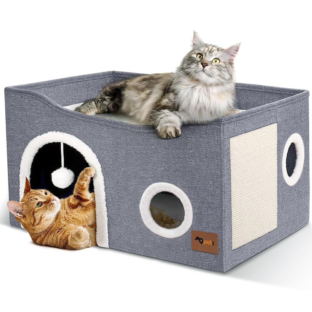 Qpets Cat Bed for Playful Cats with Double Layer 60.5×40.5×33.5 cm Cave and Hemp Scratcher Board