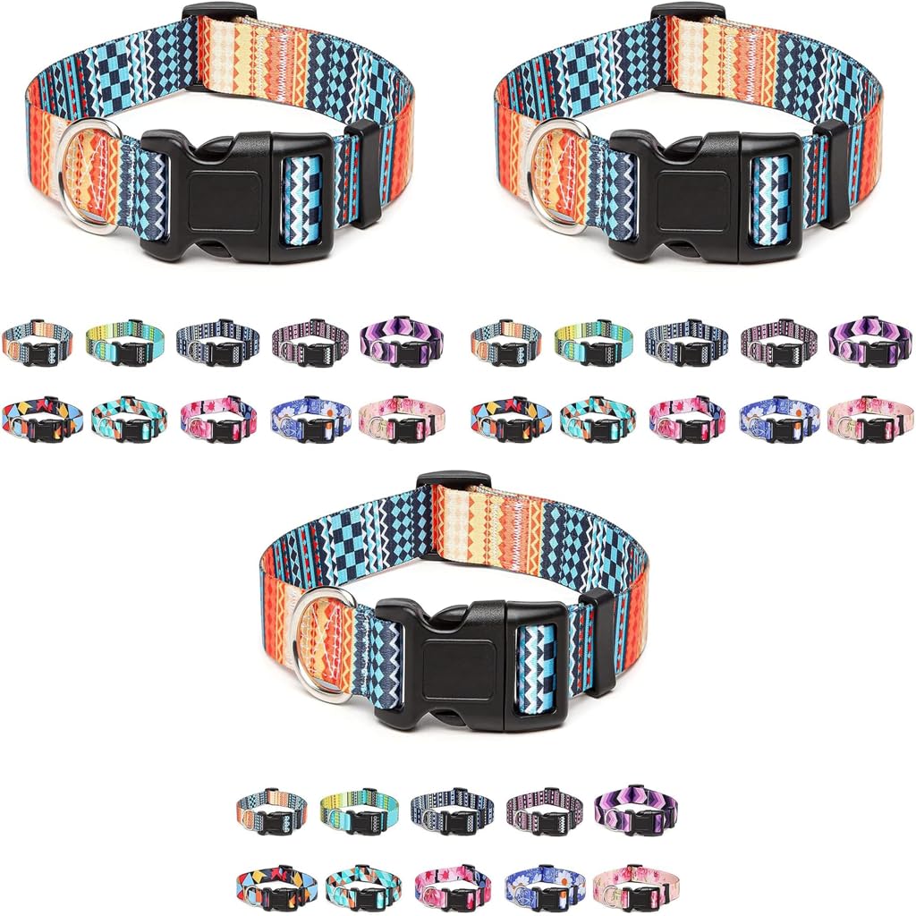 Qpets Dog Collar for Small Medium and Large Breeds with Safety Buckle & D Ring | 3 PCS Adjustable Nylon Patterned Set Size L 40 60cm