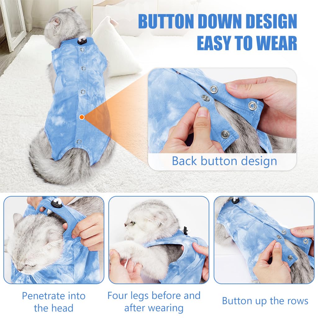 Qpets Cat Clothes for Post Surgery Recovery with Adjustable Closure and Soft Cotton Fabric | Blue Tie-dye Design M Size Back 30cm Bust 34-40cm