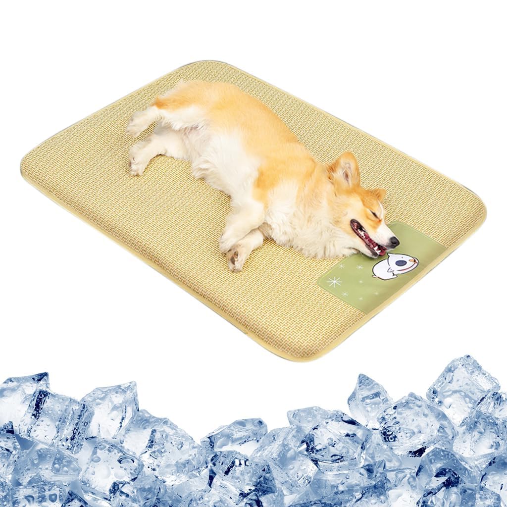 Qpets Dog Summer Mat for Indoor and Outdoor Use with Anti Slip Waterproof Bottom | 55x75CM Natural Rattan Cooling Surface