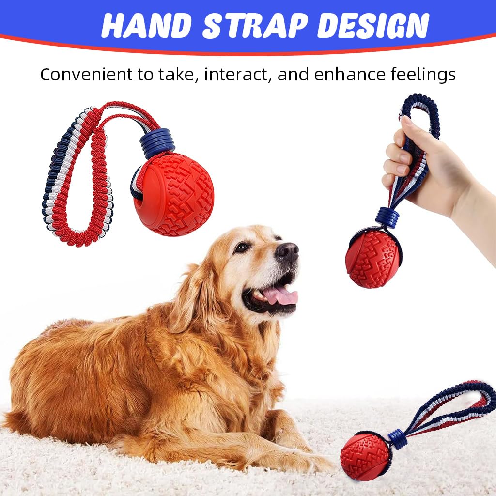 Qpets Dog Chew Toy Ball for Interactive Play with Nylon Braided Loop Handle and TPR Teething Relief