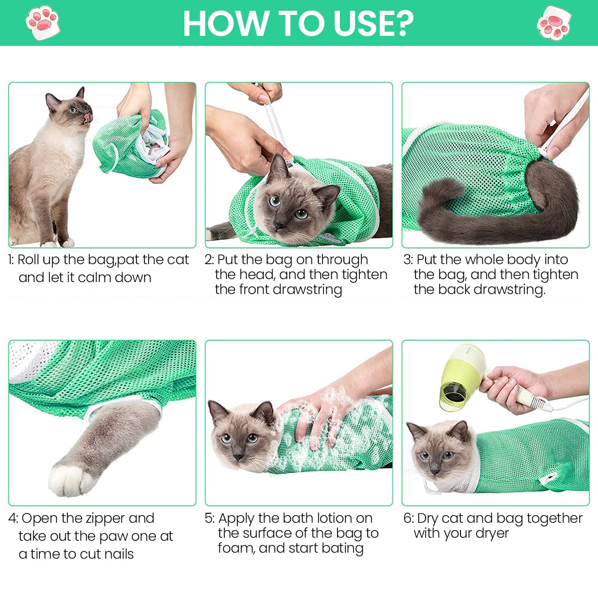 Qpets Cat Bathing Bag for Grooming and Medicine Use with 3 Drawstrings Mesh Green | Safe Restraint