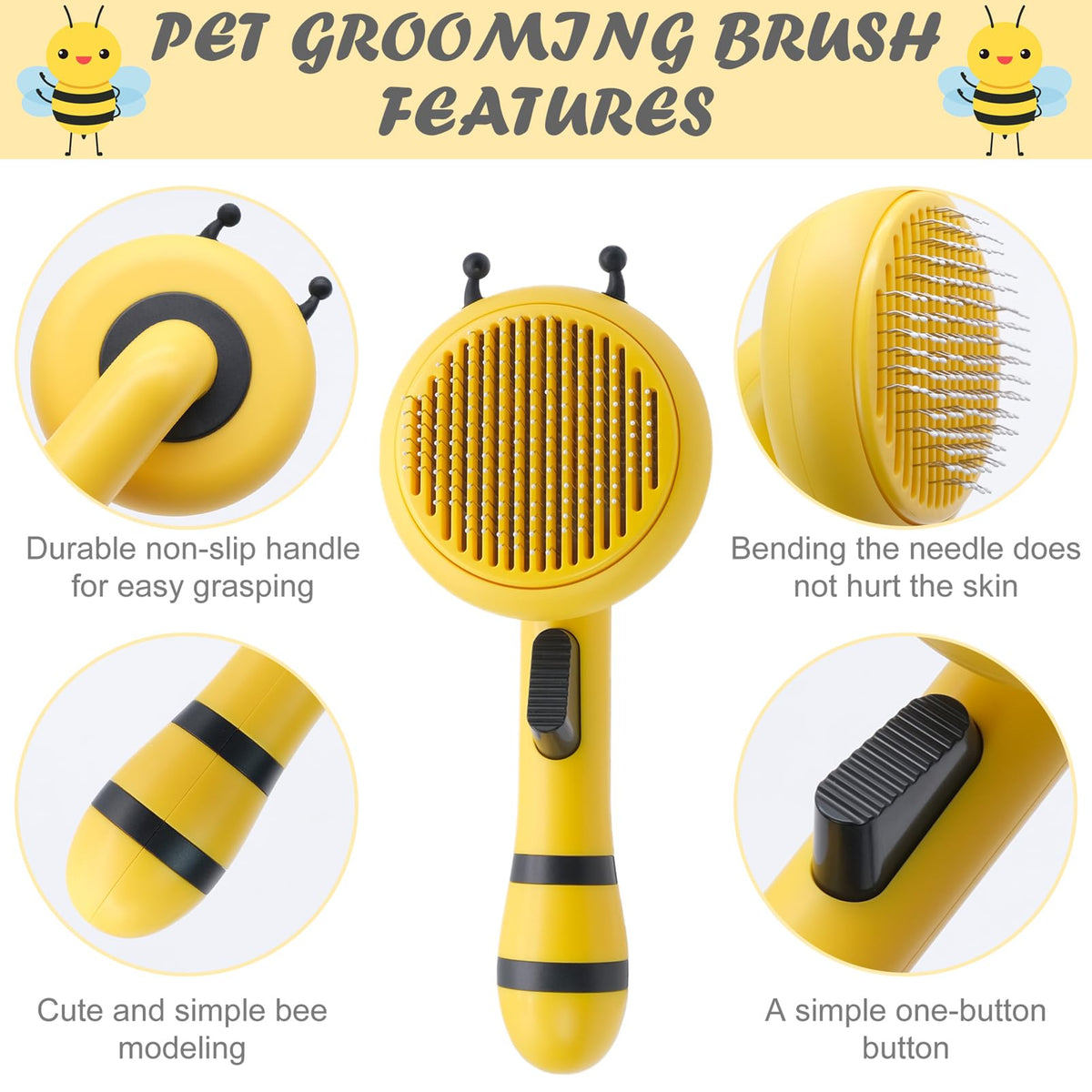 Grooming Brush for Dogs and Cats Slicker Hair Brush Honey Bee Design Remove Mat Shedding Brush for Cats & Dogs Gently Massage Hair Comb for Dogs Pet Grooming Comb for Dog