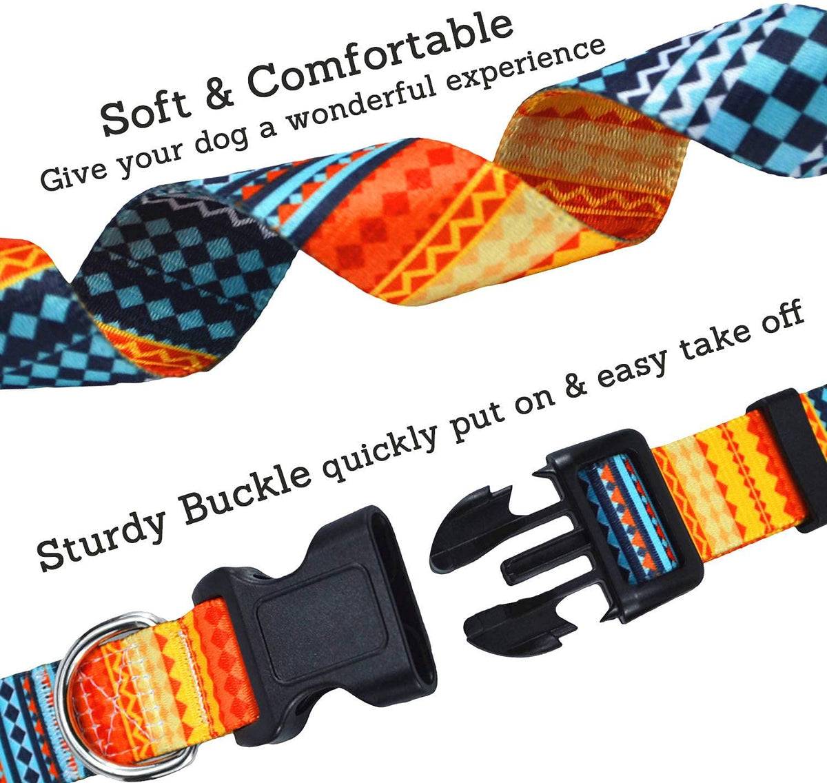 Qpets Dog Collar for Small Medium and Large Breeds with Safety Buckle & D Ring | 3 PCS Adjustable Nylon Patterned Set Size L 40 60cm
