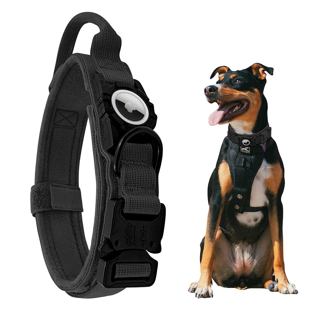 Qpets® Tactical Dog Collar with AirTag Holder, 2 in 1 AirTag Dog Collar with Handle & D Ring, Anti-lost Intergrated AirTag Holder Design Quick Release Buckle Nylon Dog Collar (Neck Size 50-63CM)