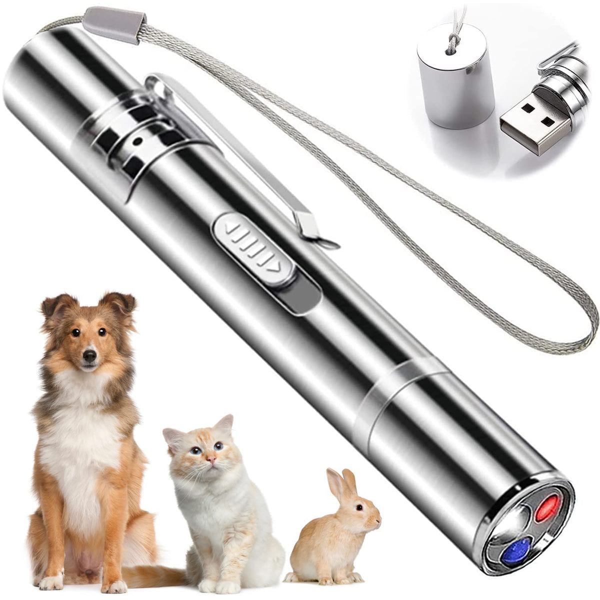 Cat Chasing Toy, USB Laser Pointer for Chasing Interactive Cat Toy 3 in 1 Laser Pen Checking Cat Skin/White Light Illumination/5 Patterns(Pls Charge Before Use)