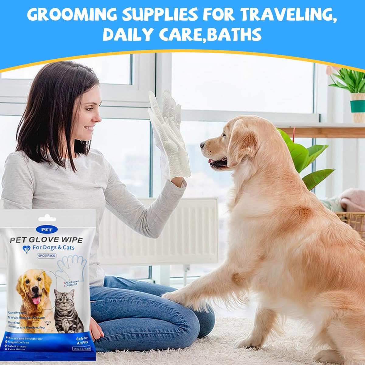 Qpets Pet Grooming Mitts 6 Counts for Dogs and Cats with Waterless Cleaning | Gentle Fur and Dirt Removal