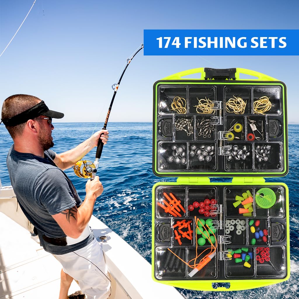 Qpets Fishing Tackle Kit for Freshwater and Saltwater Use featuring 174 pcs in Box | Includes Hooks, Sinkers and Bobbers