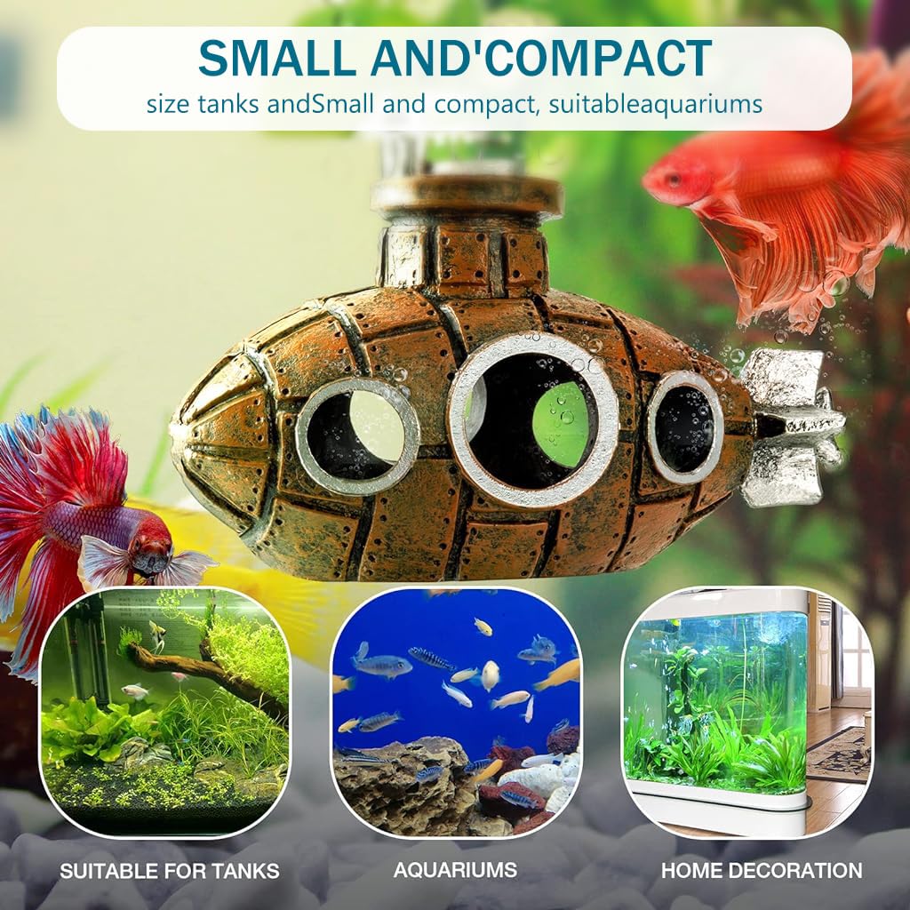 Qpets Aquarium Decoration for Fish Tanks featuring 13x8x5.5 cm Resin Submarine Hideout | Floating Cartoon Design