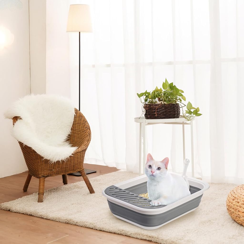 Qpets® Collapsible Cat Litter Box Large Size, Portable Travel Litter Tray with Scoop & High Sides, Space Saving Anti-Splash Anti-Tip Over Guar for Adult Cats & Kittens