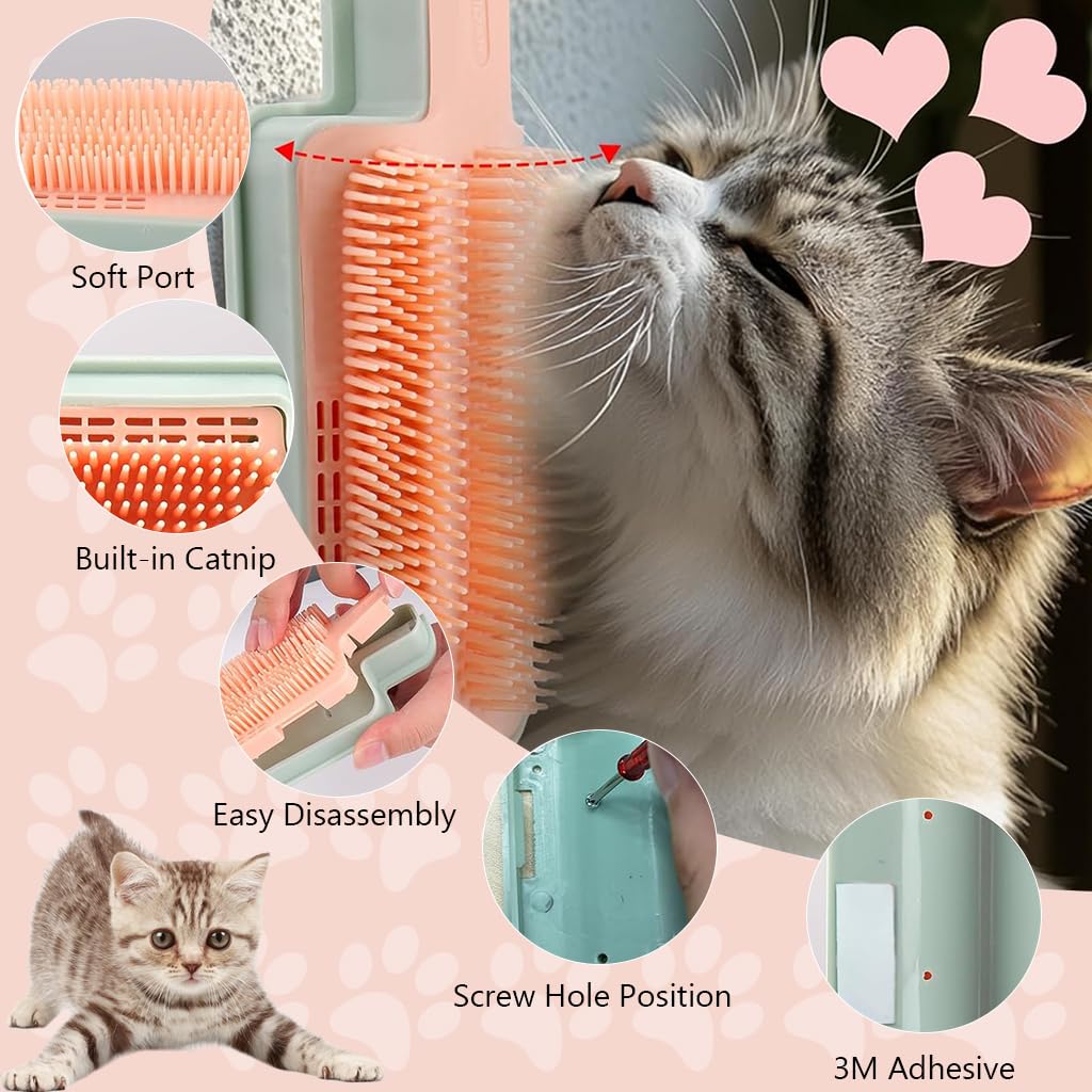 Qpets® Cat Brush, Cat Feather Teasing Wand & Wall Cat Self-groomer Combo Cat Self-Grooming Brush Soft Bristles, Cat Self-groomer for Rubbing Wall Mounting Self-Grooming Brush for Wall