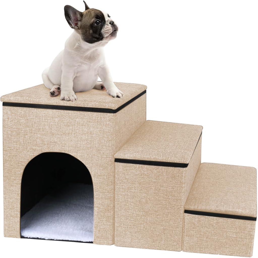 Qpets Pet Stairs for Small Dogs and Cats with Hidden Storage and Cozy Nap Spot | Easy Assembly