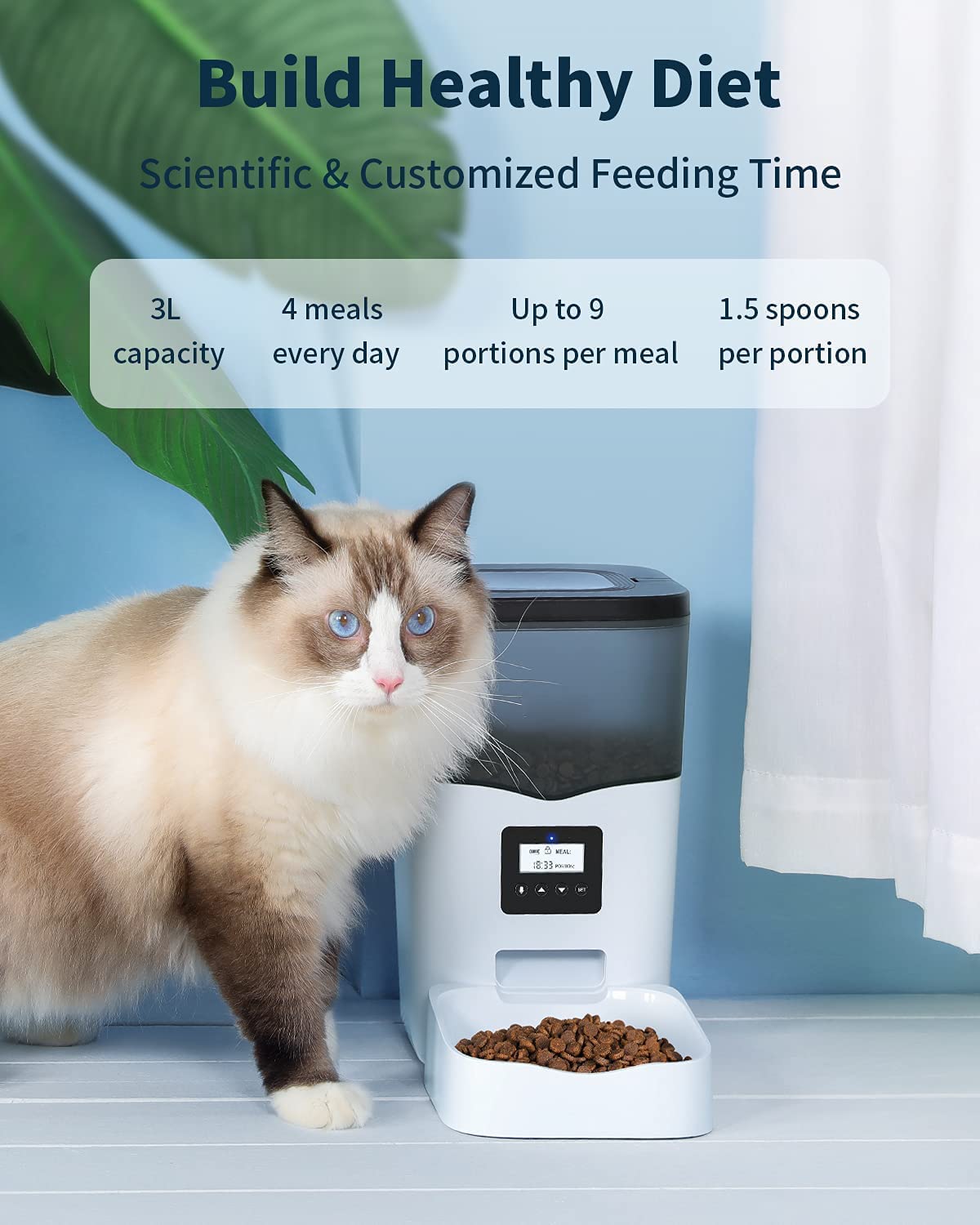 Qpets Automatic Pet Feeder for Cats and Dogs with 3L Capacity and Dual Power Supply | Programmable 1‑4 Meals Featuring Twist‑Lock Lid