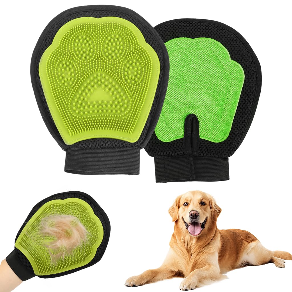 Qpets® Pet Hair Removal Gloves, Double-Sided Dematting & Lint Remover Dog Deshedding Glove, Breathable Mesh Fabric Design TPR Soft Bristle Massage Glove for Dogs & Cats