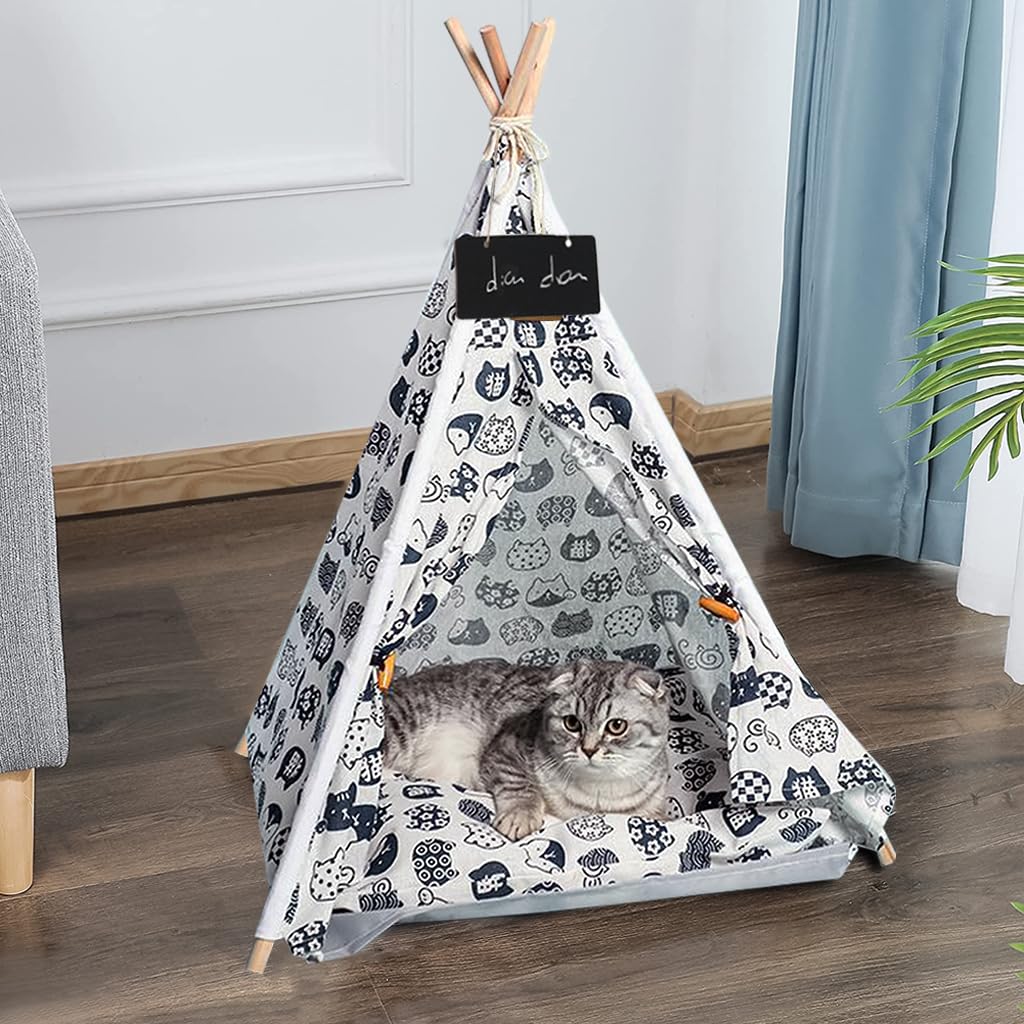 Qpets Cat House for Indoor Cats with 19.6×18.8×23.6 in Tent Frame and Pine Wood Poles | Black White