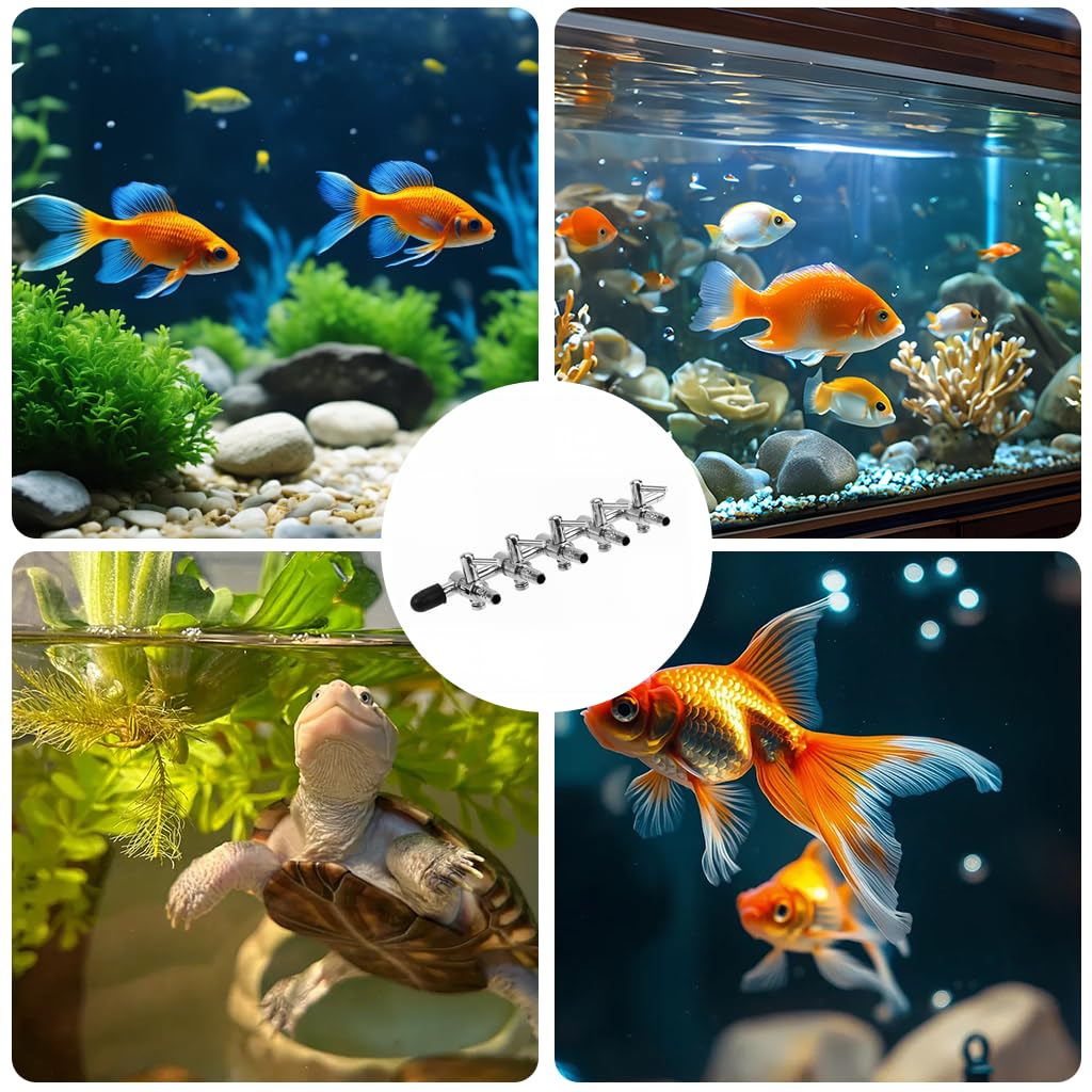 Qpets Aquarium Air Pump Manifold for Multiple Tanks featuring 1-to-5 Outlets with Individual Control Valves and Stainless Steel Build