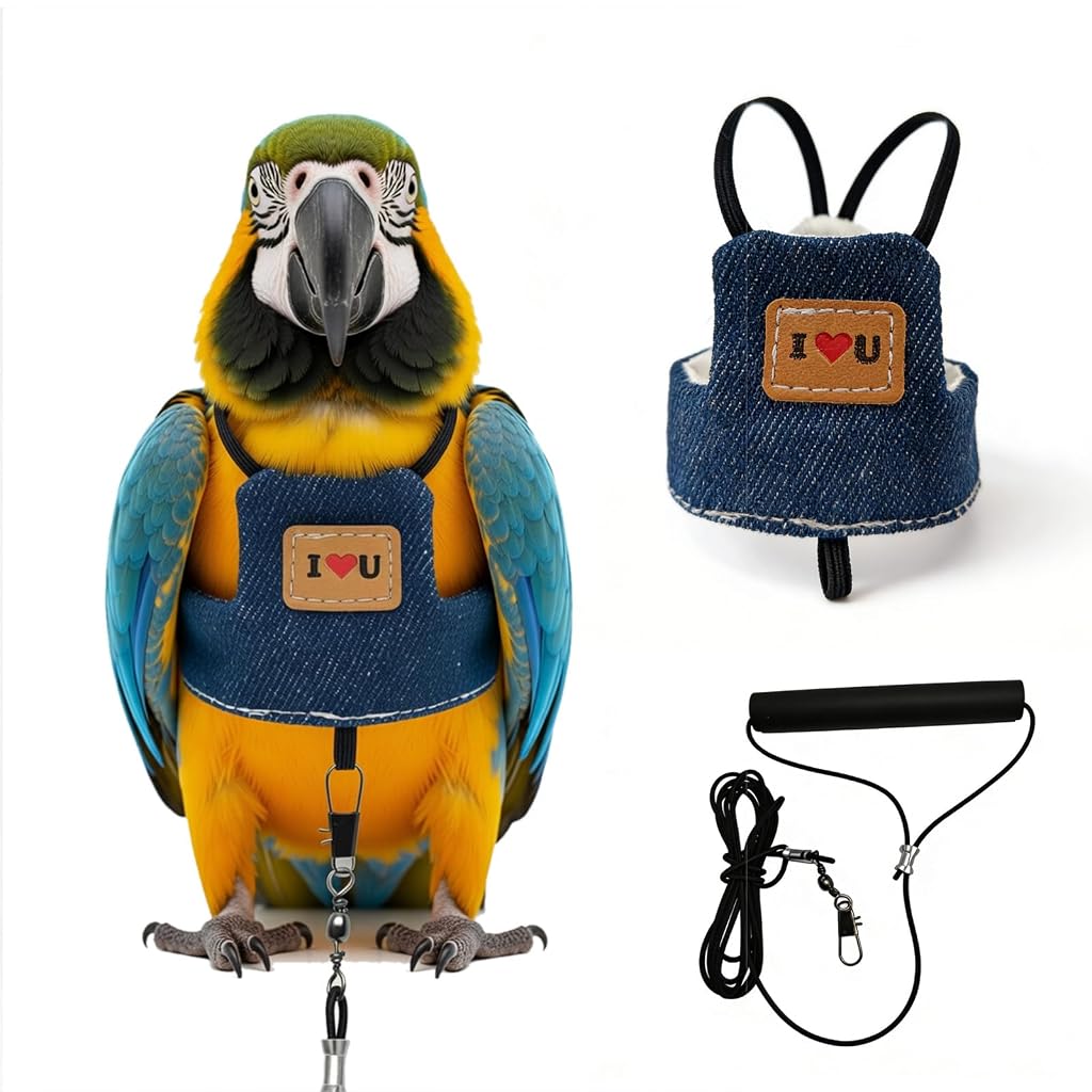 Qpets Bird Flight Harness with Leash, L, 24cm Back Girth, Denim Vest for Large Parrots