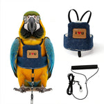 Qpets Bird Flight Harness with Leash, L, 24cm Back Girth, Denim Vest for Large Parrots