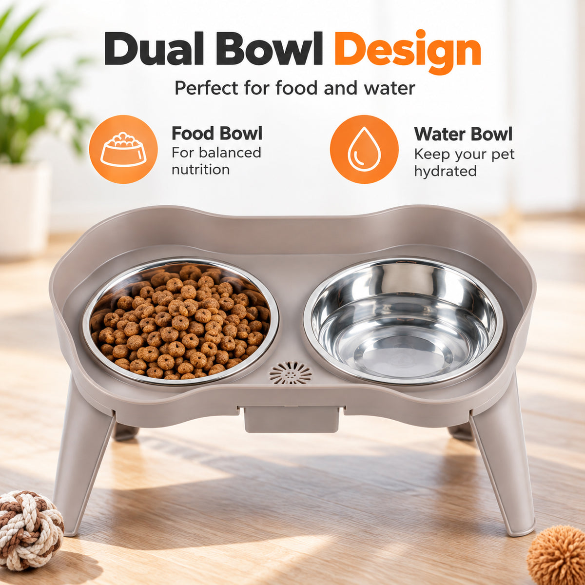 Qpets Elevated Dog Bowl Stand, Size L, Two Stainless Steel Bowls, Drip Tray and Non-Slip Base