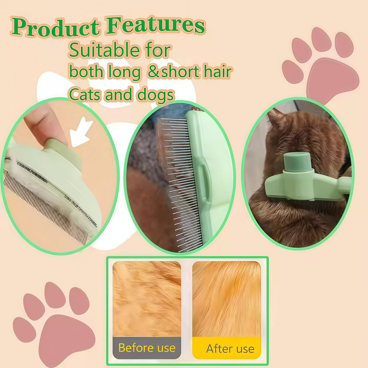 Qpets Flea and Tick Comb for Cats and Dogs with Dual‑Sided Stainless Steel Teeth | Self‑Cleaning Brush for Shedding and Healthy Coat