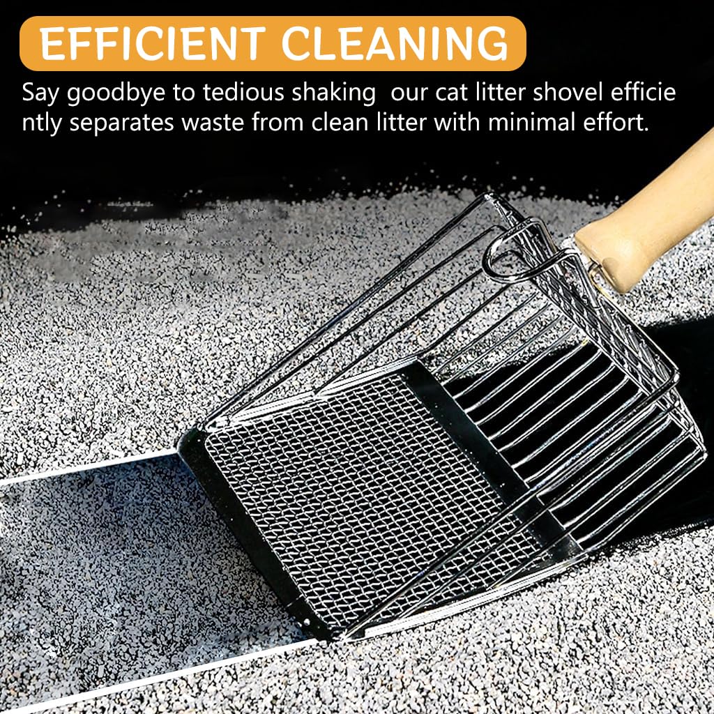 Qpets Cat Litter Scoop for Fast Cleaning with 2 Sifter Holes 3–10mm | Metal and Wooden Handle