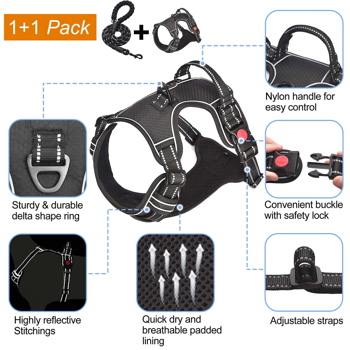 Qpets Dog Training Leash for Large Dogs with Quick Release Harness and Reflective 1.5 m Rope