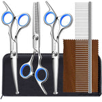 Qpets® Professional Pet Grooming Scissors Kit, Stainless Steel Dog & Cat Grooming Shears Set with Straight, Thinning & Curved Scissors, Comb, & Storage Bag for Home & Salon Use