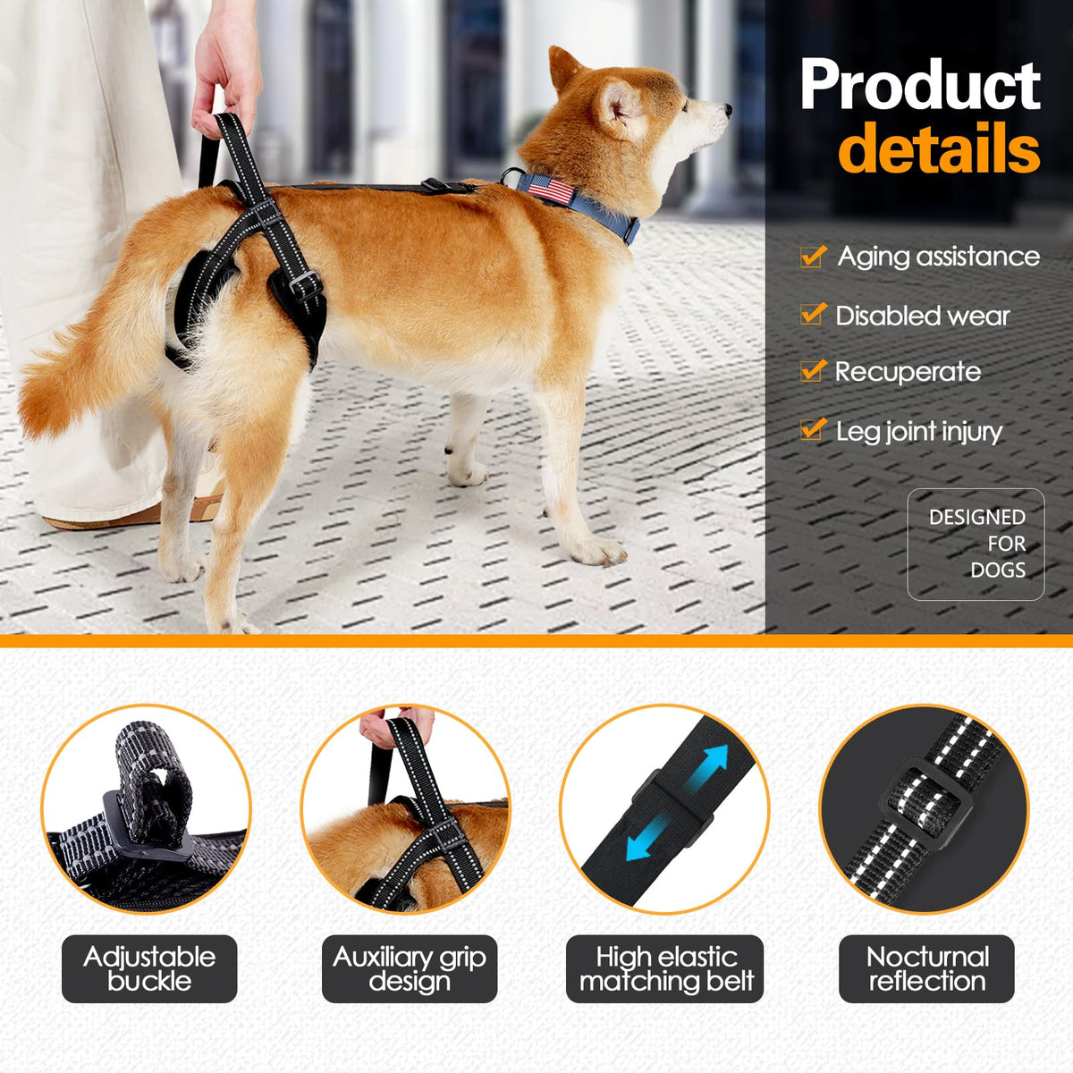 Qpets® Dog Lift Harness, Dog Harness for Dog Rear Legs Walking Support, Adjustable Walking Assistant Harness with Quick Release Buckle for Aging Dog/Disabled/Injured Dog (Weight: 30-45kg)