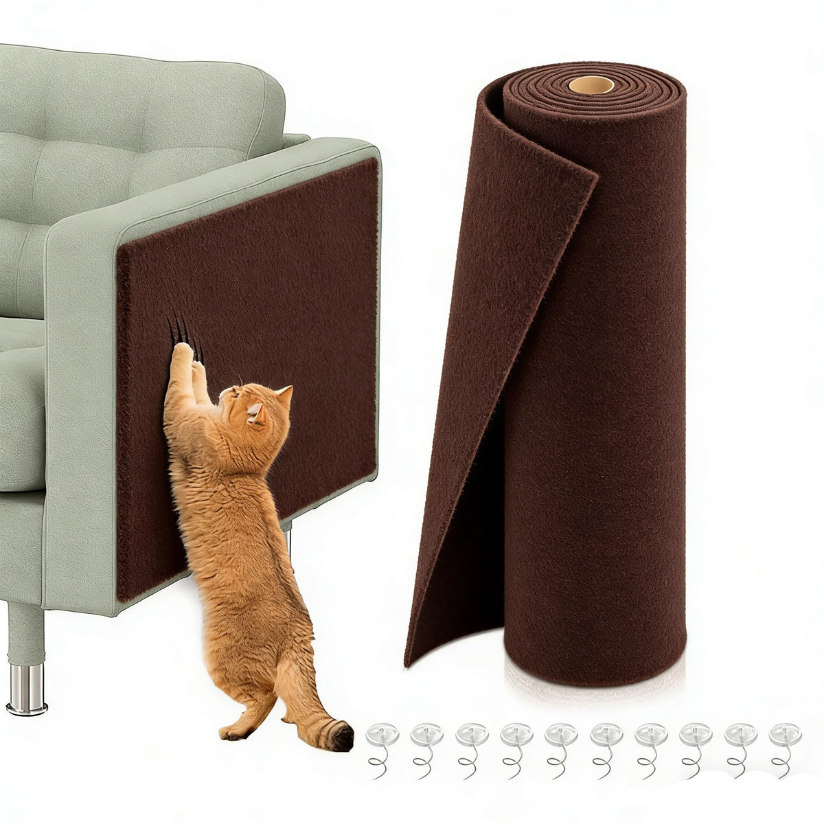 Qpets® Cat Scratcher Pad 4x100cm Self-Adhesive Thicken Furniture Protector Surface Guard Wrap with 10Pcs Invisible Spiral Twist Pins, for Sofa, Leather Couch, Wall -Brown