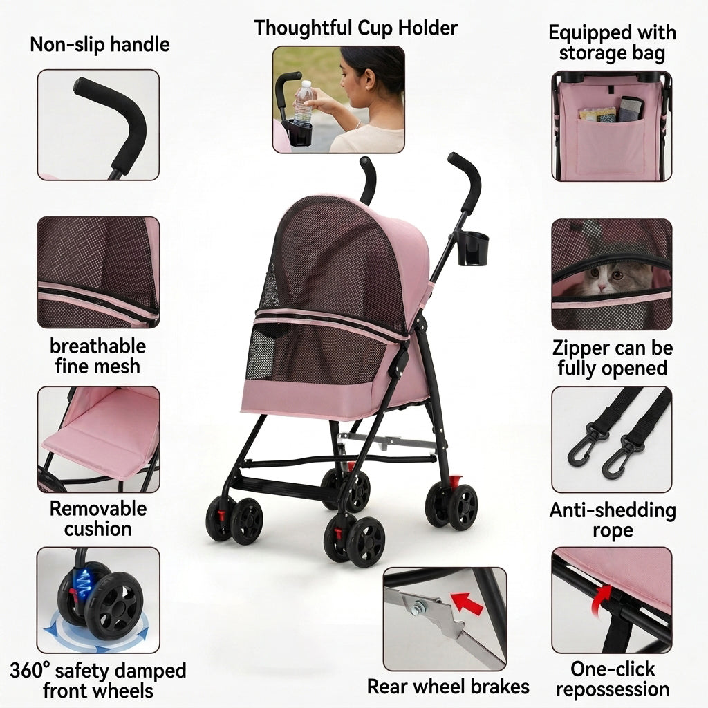 Qpets Foldable Pet Stroller for Small Dogs and Cats, Up to 7kg, Mesh Window and One-Step Fold