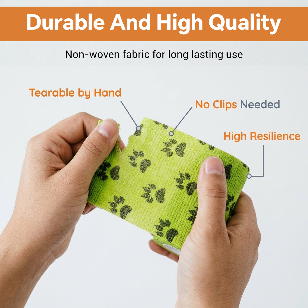 Qpets Self-Adhesive Non-Woven Elastic Pet Recovery Wraps with Paw Print for Cats and Dogs