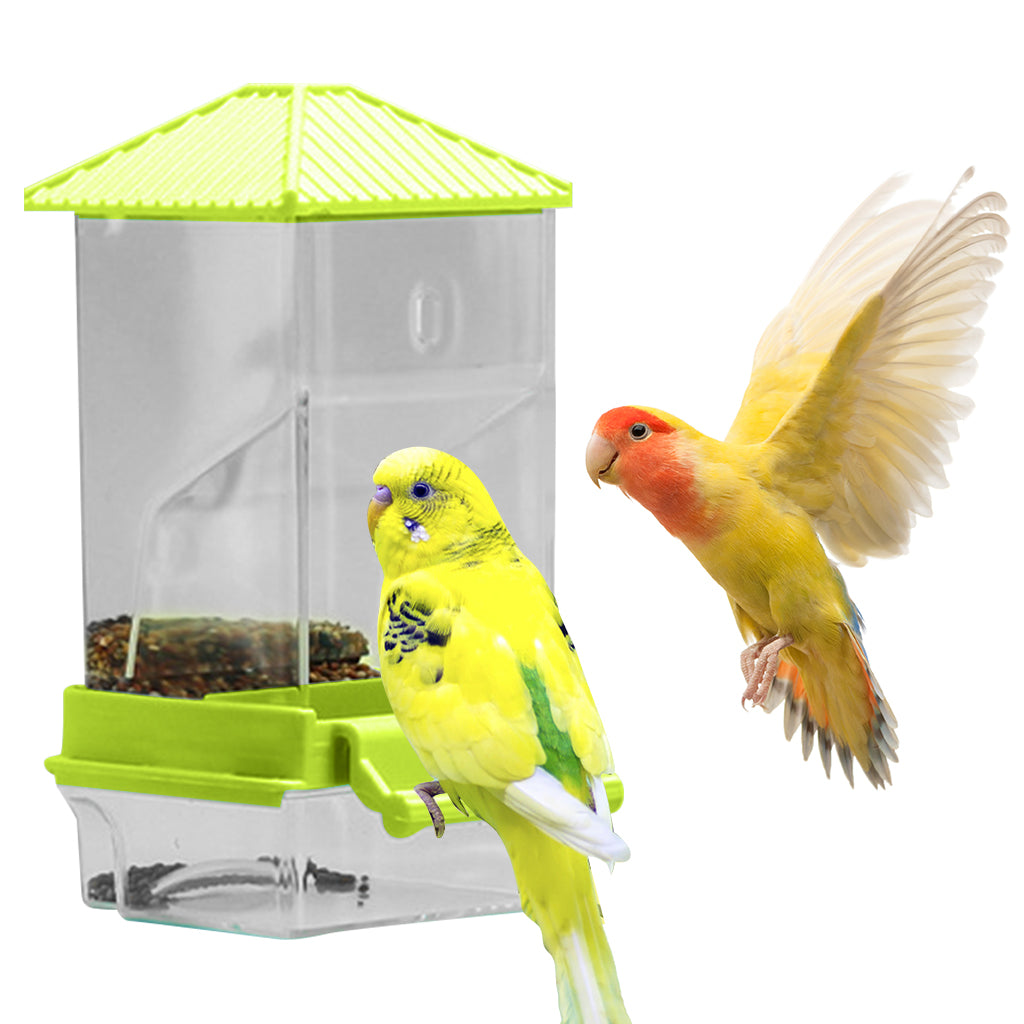 Qpets® Parrot Feeder, Bird Feeder for Cage, Transparent Bird Food Box No Jam Automatic Food Feeder with Perch & Bottom Removable Catching Tray - 7.9x8.3x18.5CM