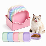 Qpets Whisker-Friendly Cat Bowls, 10-Pack with Holder Tray, Wide Shallow Plastic Dishes